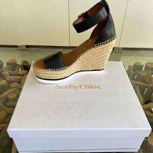 SEE BY CHLOE Glynn Black Espadrille Wedge Sandals